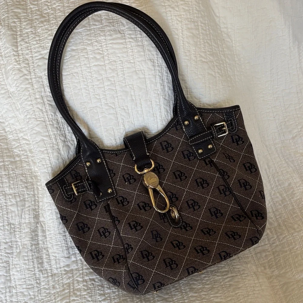 Dooney & Bourke Brown Logo Shoulder Tote with Gold Hardware - Picture 1 of 6